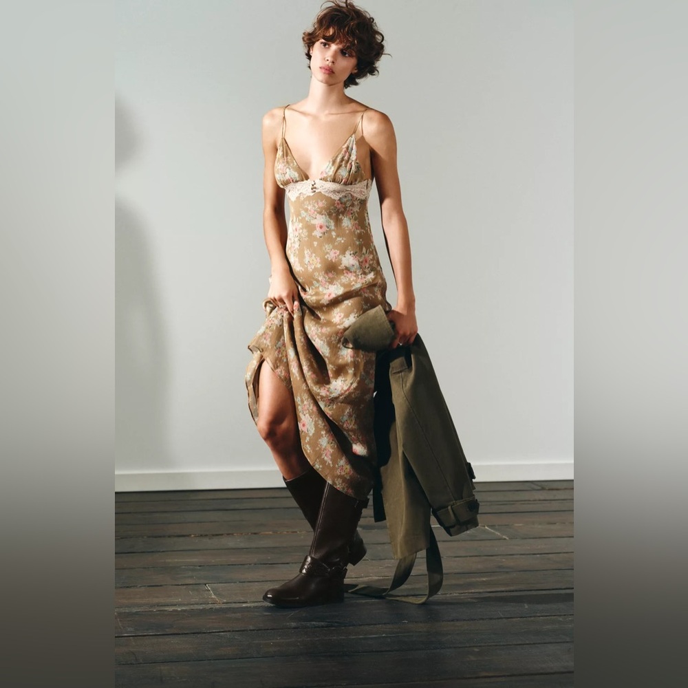 NWT Zara Floral Lace Slip Dress Lingerie-Inspired Midi Dress Spaghetti Strap XS